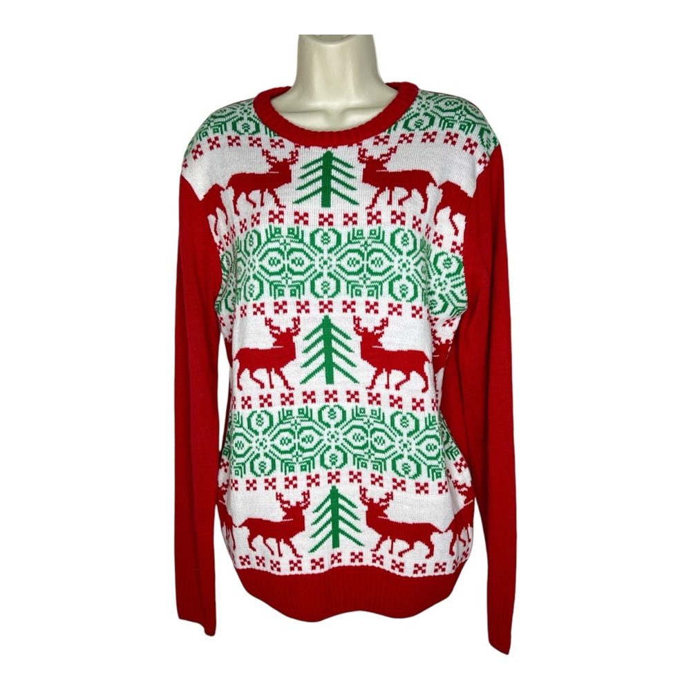 Imagin8 Knit Ugly Christmas Sweater Reindeer and Trees Ribbed Hem